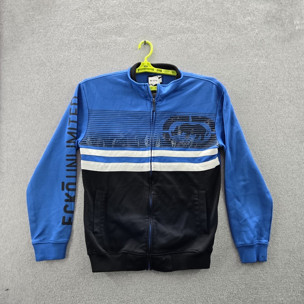 Ecko Unltd Men Jacket LARGE Blue Colorblock Track Graphic Print Logo Stripes